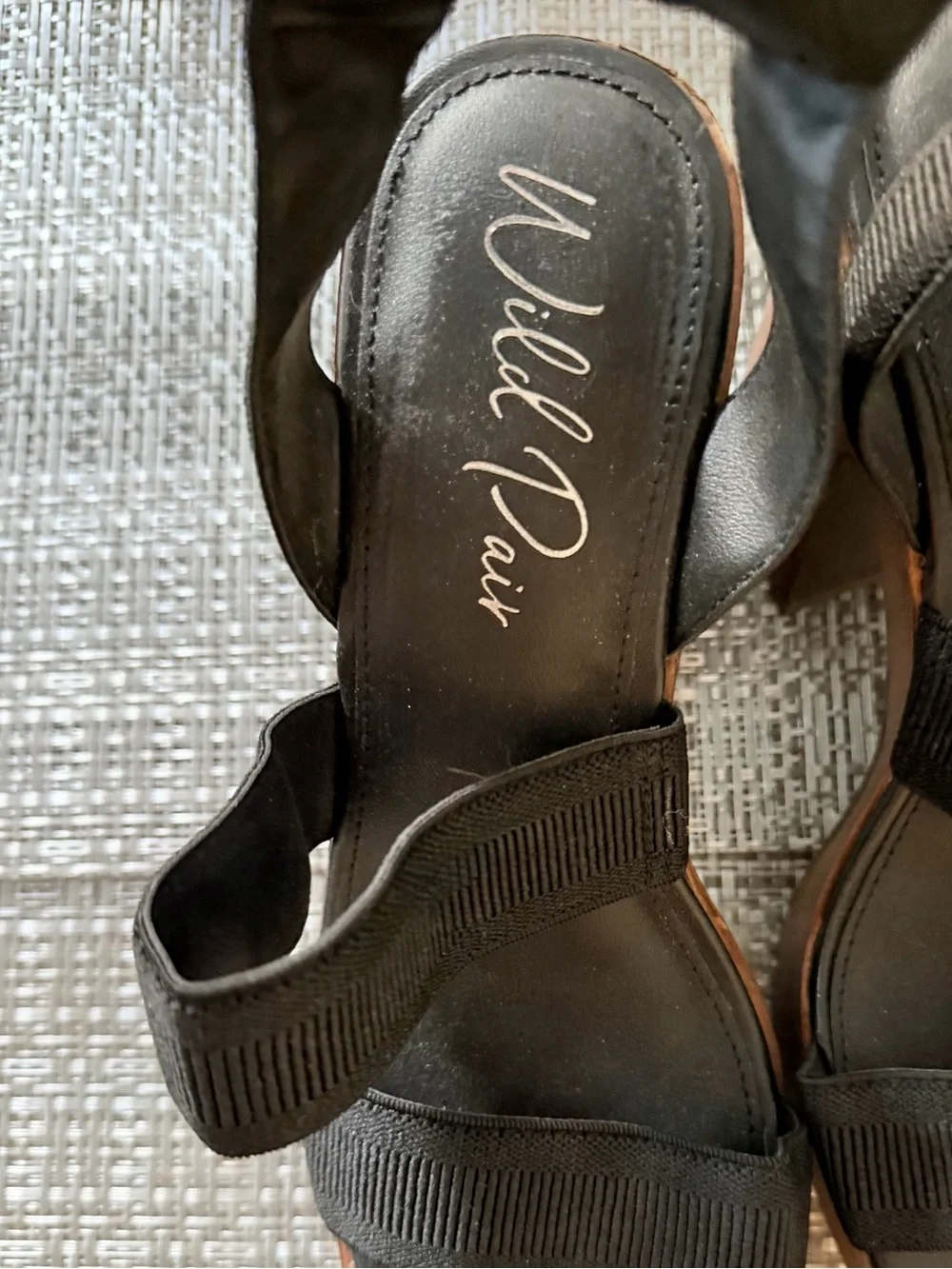Wild Pair : Black Strap Platform Sandals with Wood-Effect Heel